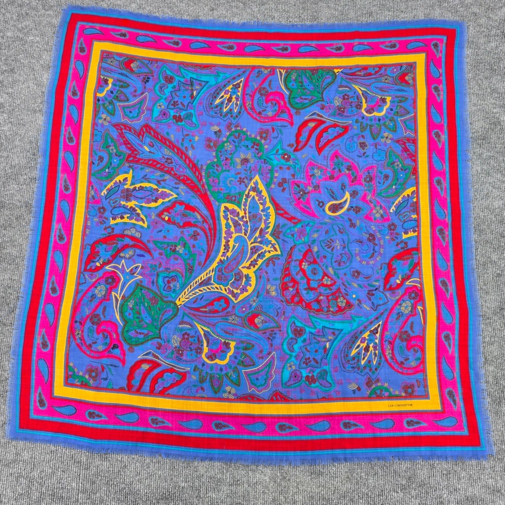 Liz Claiborne Vintage Paisley Square Scarf Blue Pink Red Yellow Fringe 34x34